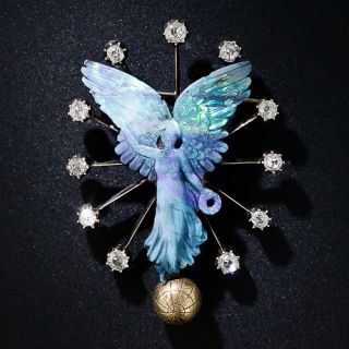 Carved Opal and Diamond 'Nike' Brooch