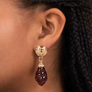 Carved Pink Tourmaline and Diamond Drop Earrings
