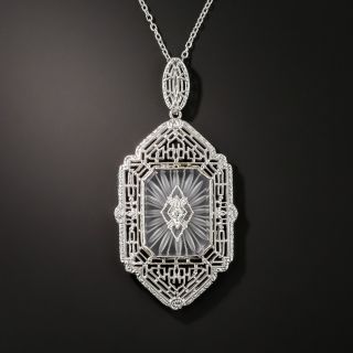 Carved Rock Crystal Quartz and Diamond Pendant Necklace 