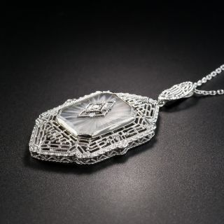 Carved Rock Crystal Quartz and Diamond Pendant Necklace 