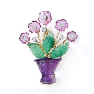 Carved Stone and Diamond Bouquet Brooch