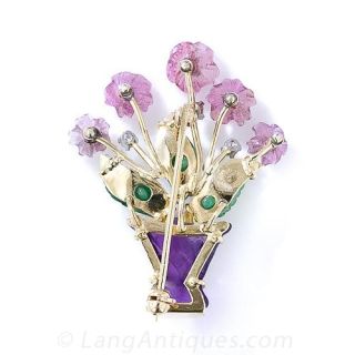 Carved Stone and Diamond Bouquet Brooch