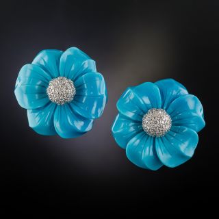 Carved Turquoise and Diamond Flower Earrings
