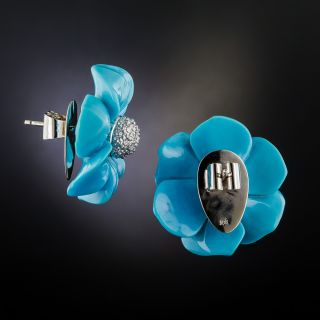 Carved Turquoise and Diamond Flower Earrings