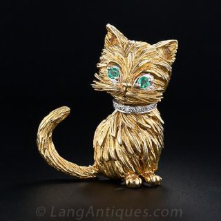 Cat Pin with Diamonds and Emeralds