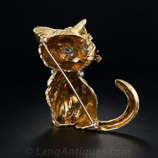 Cat Pin with Diamonds and Emeralds