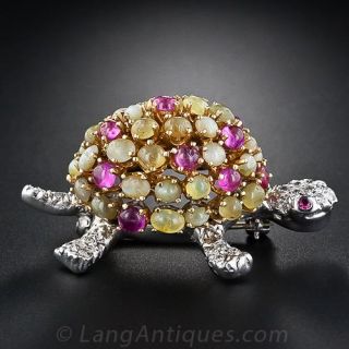 Chrysoberyl and Ruby Turtle Pin 