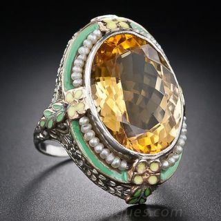 Citrine and Enamel Art Deco Ring
