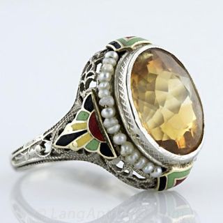 Citrine, Seed Pearl and Enamel Ring
