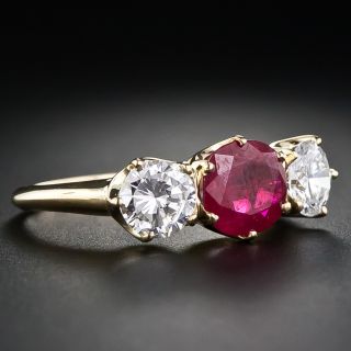 Classic 1.41 Carat Burmese Ruby and Diamond Three-Stone Ring - GIA