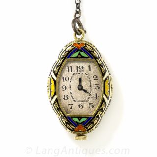 Cloisonne Enamel Art Deco Pendant Watch 