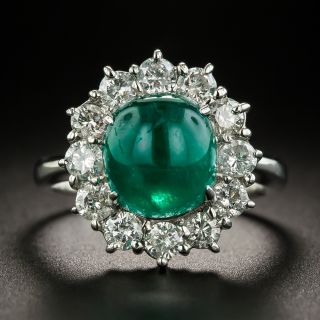 Cabochon Emerald Platinum Diamond Halo Ring - 1
