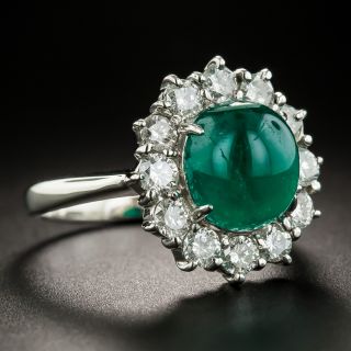 Colombian Cabochon Emerald and Diamond Halo Platinum Ring