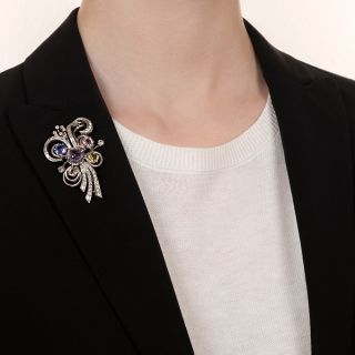 Colorful Fancy Sapphire and Diamond Pin in Platinum