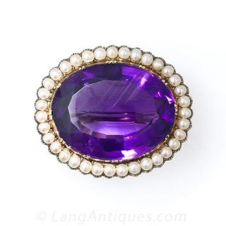 Colossal Antique Amethyst and Pearl Brooch