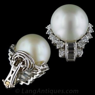Colossal South Sea Pearl and Diamond Ear Clips