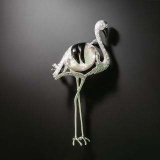 Contemporary Diamond and Pearl Crane Brooch - 2