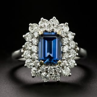 Contemporary Emerald-Cut Sapphire and Diamond Double Halo Ring - 2