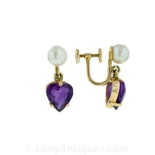 Contemporary Pearl and Amethyst Clip Earrings