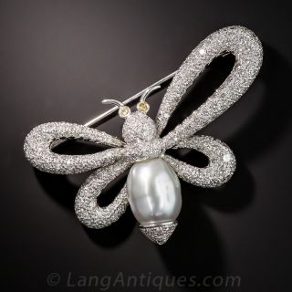Contemporary Pearl and Diamond Butterfly Brooch - 2