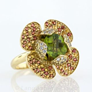 Contemporary Peridot, Sapphire and Diamond Flower Ring