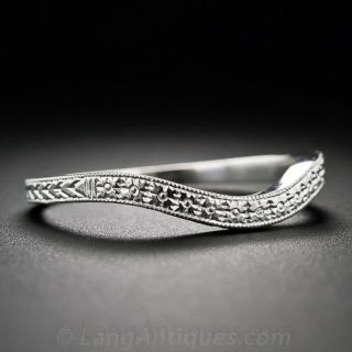 Contoured Engraved 18K White Gold Wedding Band