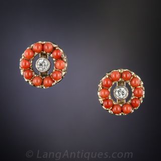 Coral And Diamond Ear Studs