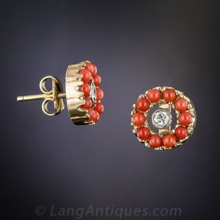 Coral And Diamond Ear Studs