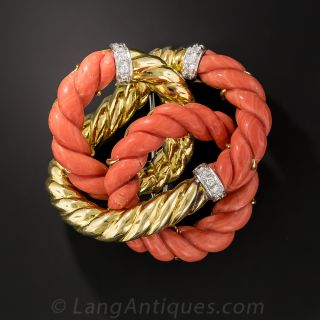 Coral and Gold Knot Brooch - 1