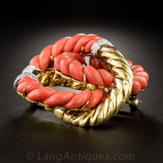 Coral and Gold Knot Brooch