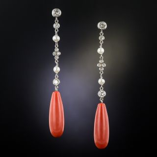 Coral, Diamond and Pearl Drop Earrings