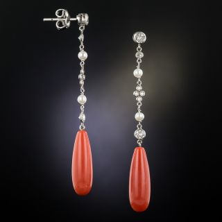 Coral, Diamond and Pearl Drop Earrings
