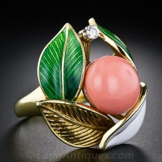 Coral Enamel  and Diamond Ring