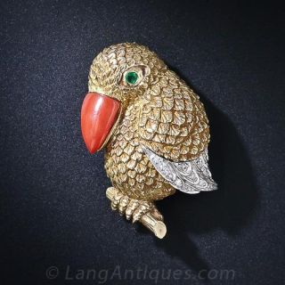 Coral, Gold and Diamond Bird Brooch