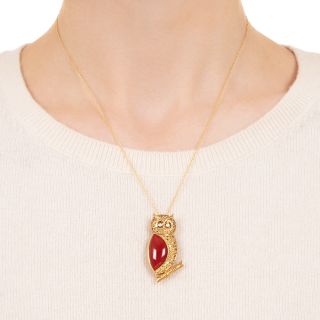 Coral, Golden Sapphire and Diamond Owl Pendant/Pin