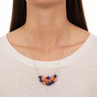 Coral , Lapis and Diamond Cluster Necklace