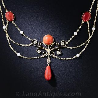 Coral, Pearl and Diamond Necklace