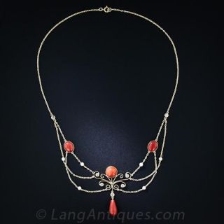Coral, Pearl and Diamond Necklace
