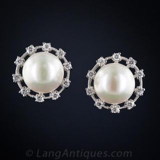 Cultured Pearl and Diamond Earrings