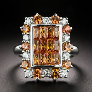 Cushion-Shaped Invisibly-Set Orange Sapphire and Diamond Ring - 2