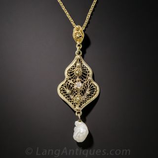 Dainty Antique Diamond and Freshwater Pearl Necklace