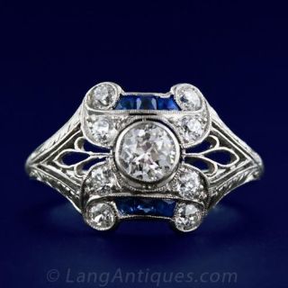 Art Deco Diamond Platinum Sapphire Engagement Ring 