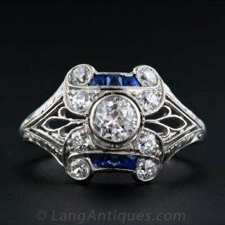 Deco Diamond and Calibre Sapphire Platinum Ring