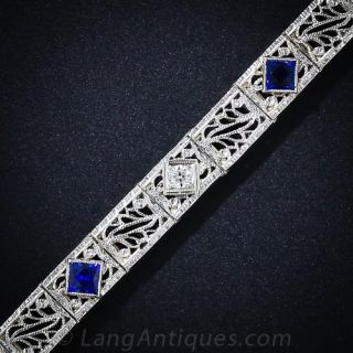 Deco Filigree Diamond and Synthetic Sapphire Bracelet