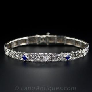Deco Filigree Diamond and Synthetic Sapphire Bracelet