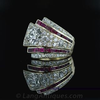 Deco-Retro Platinum Diamond and Ruby Ring