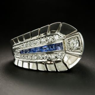 Deco/Retro Sapphire Diamond Feather Ring - 1