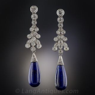 Deco Style Diamond Earrings with Lapis Lazuli Drops