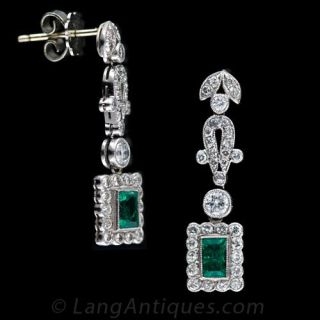 Deco Style Emerald and Diamond Drop Earrings
