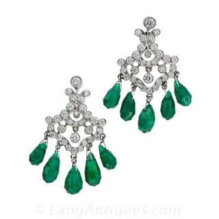 Deco Style Emerald Briolette and Diamond Earrings
